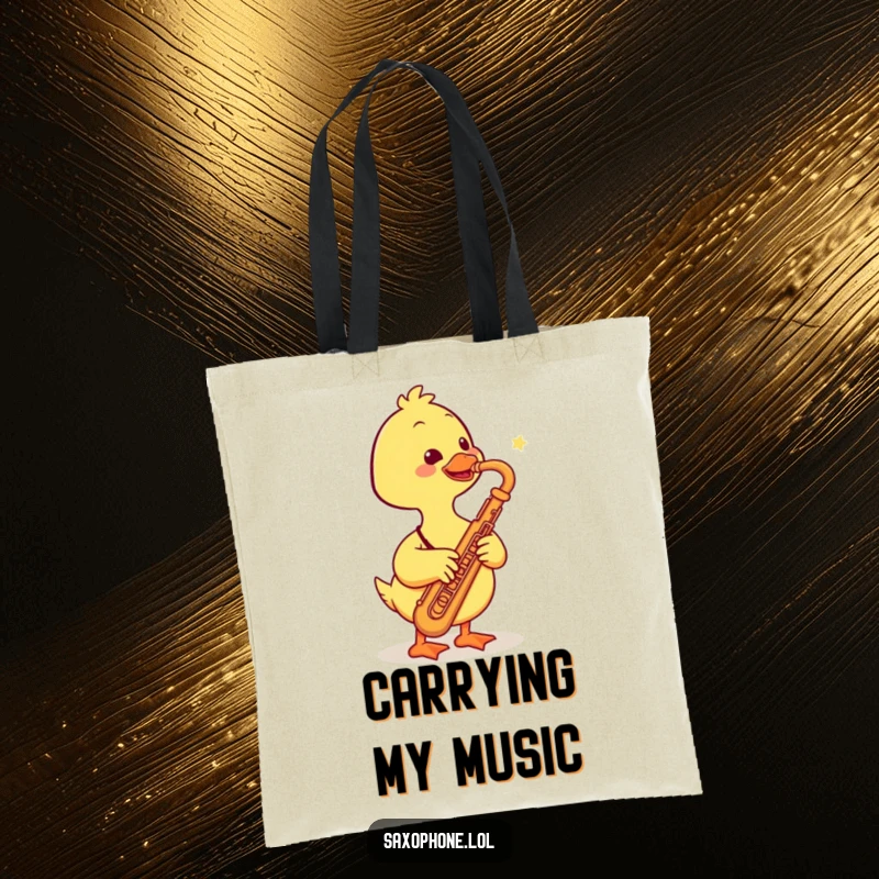 Funny tote bag featuring a smiling duck playing a saxophone, bringing a cheerful and musical vibe to everyday carry.