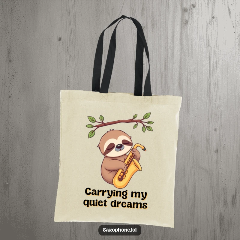 Funny Sloth Sax Tote Bag: A sleepy sloth rests on a saxophone, a humorous and practical carry-all for chill moments.