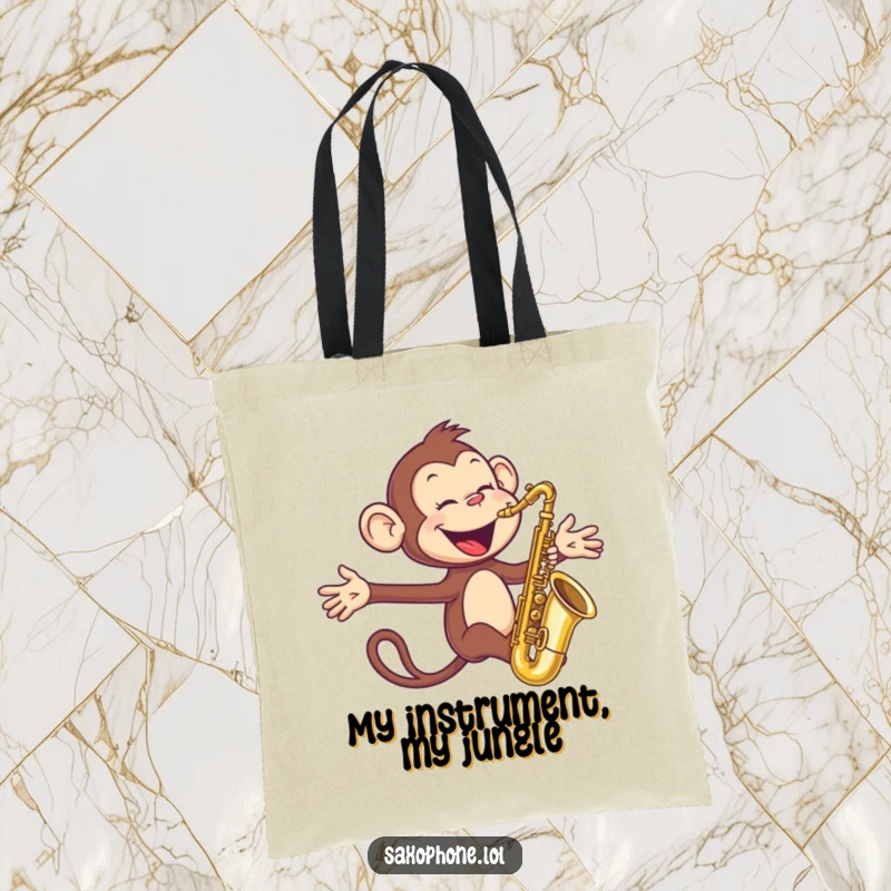 Funny Monkey Sax Tote Bag: A joyful monkey blows into a saxophone with arms outstretched, a lively and humorous bag.
