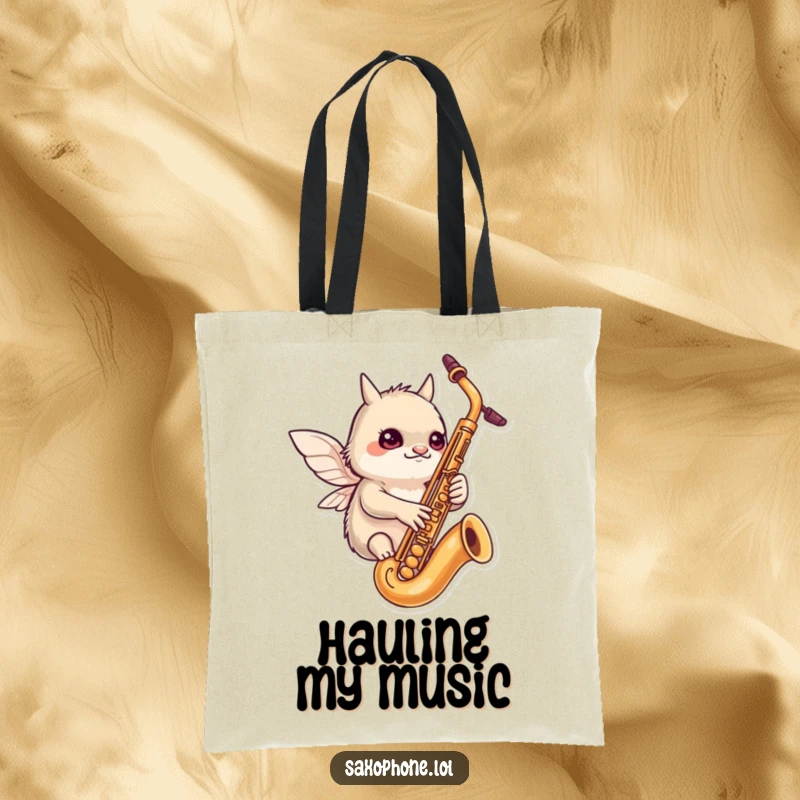 Funny tote bag: a determined creature with tiny wings flutters around a saxophone, highlighting focused fun in music.